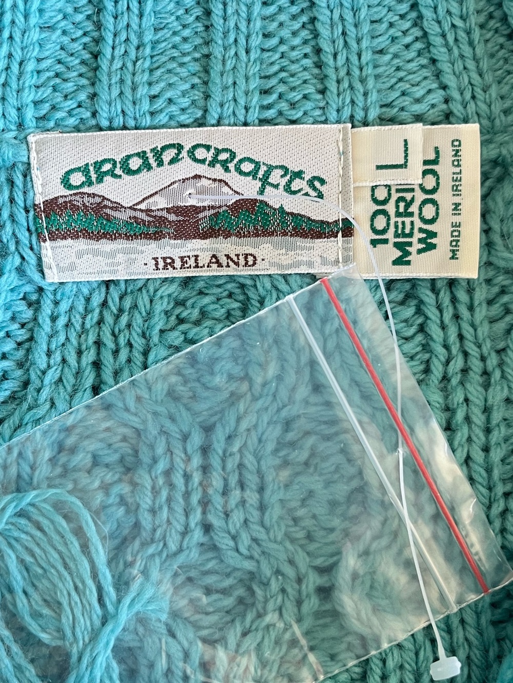 NWOT Aran Crafts Womans L Turquoise Merino Wool Cable Knit 1/4-Zip Sweater- FLAW - Picture 2 of 15